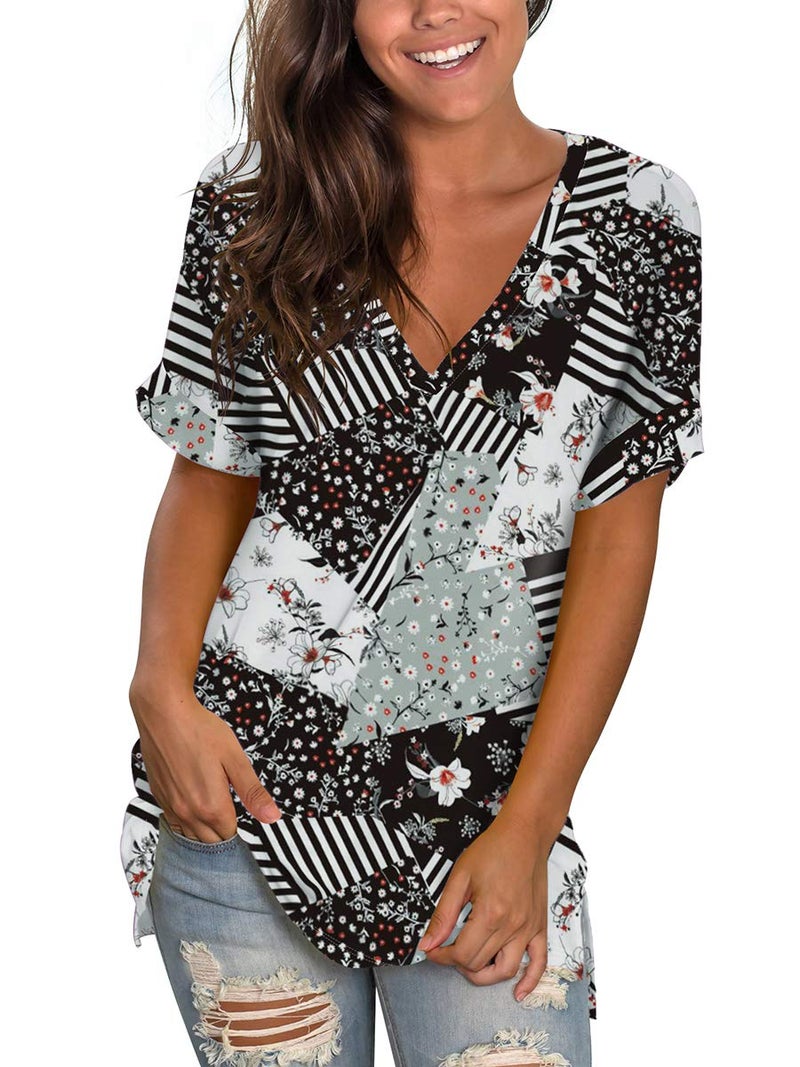 SAMPEEL Women Summer T Shirt Floral Blouses Work Casual Short Sleeve Tees Tunic Gray L - Image 2